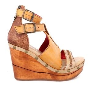 Bed Stu Tan and Brown Leather Wedge Sandals with Double Ankle Straps
